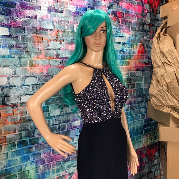 JOVANI Navy Beaded High Slit Halter Gown! #JP48849 - Picture 4 of 8